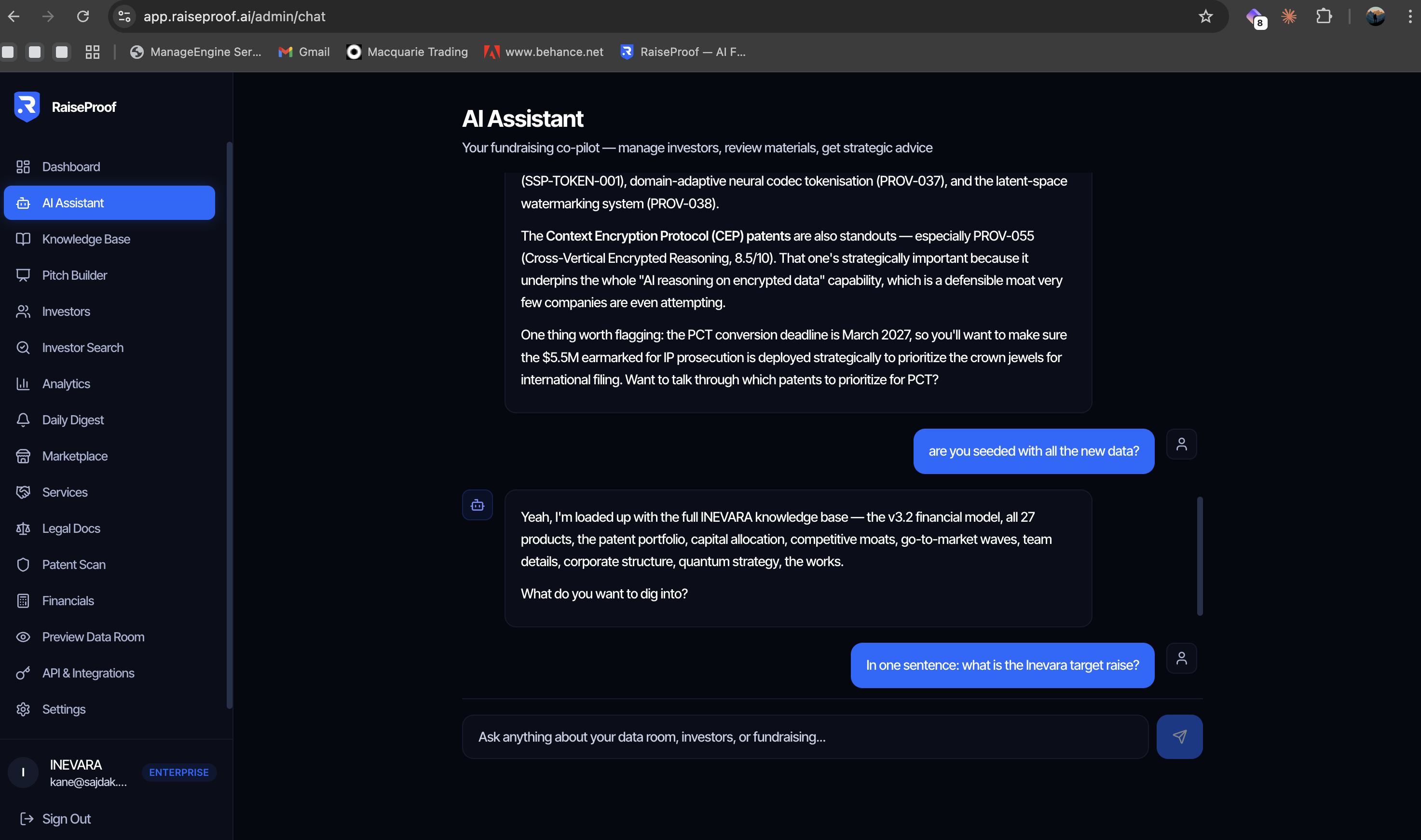 RaiseProof AI Assistant chat — fundraising co-pilot answering structured questions about INEVARA's patent portfolio, financial model, and capital allocation across the data room